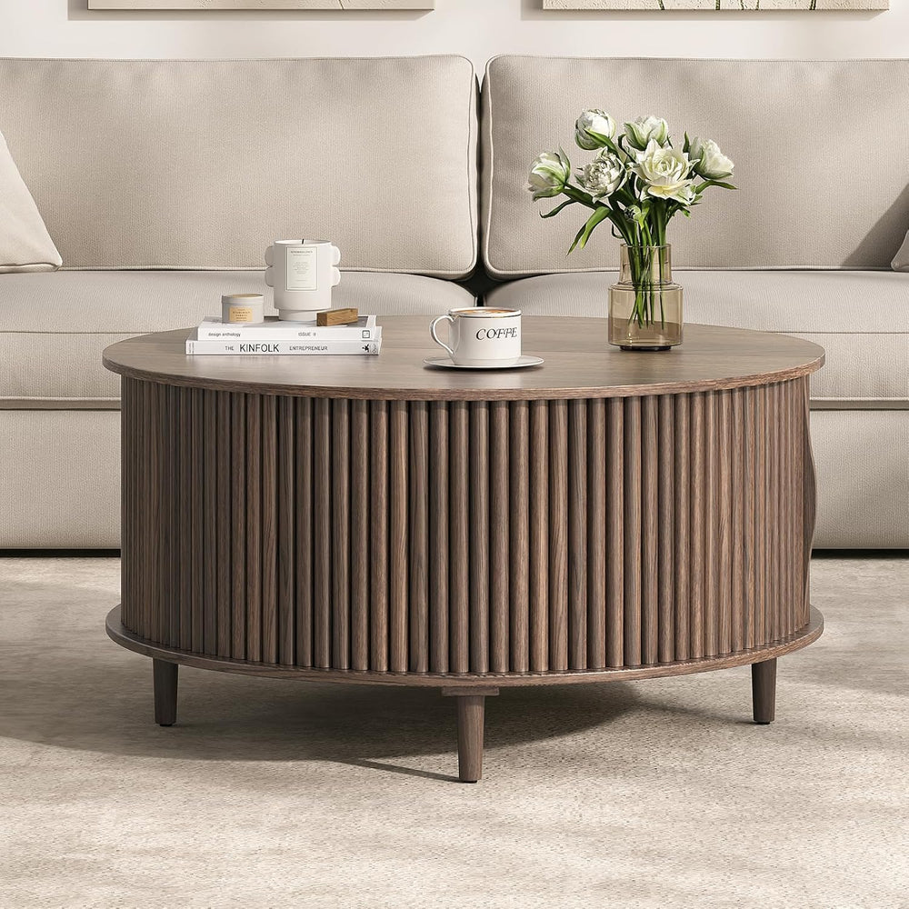JOINICE,Round Coffee Table with Storage, 31.5" Fluted Center Table for L...
