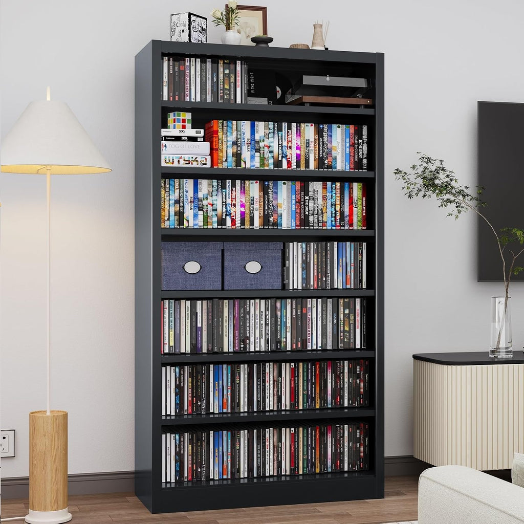 Metal CD Storage Shelf, 7 Tier Tall DVD Storage Cabinet with Adjustable Shelves, Freestanding Rack for Media, Video, Games, Black Bookshelf for Living Room, Media Room