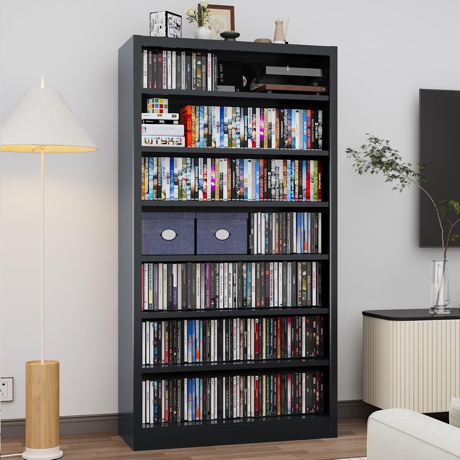 Metal CD Storage Shelf, 7 Tier Tall DVD Storage Cabinet with Adjustable Shelves, Freestanding Rack for Media, Video, Games, Black Bookshelf for Living Room, Media Room
