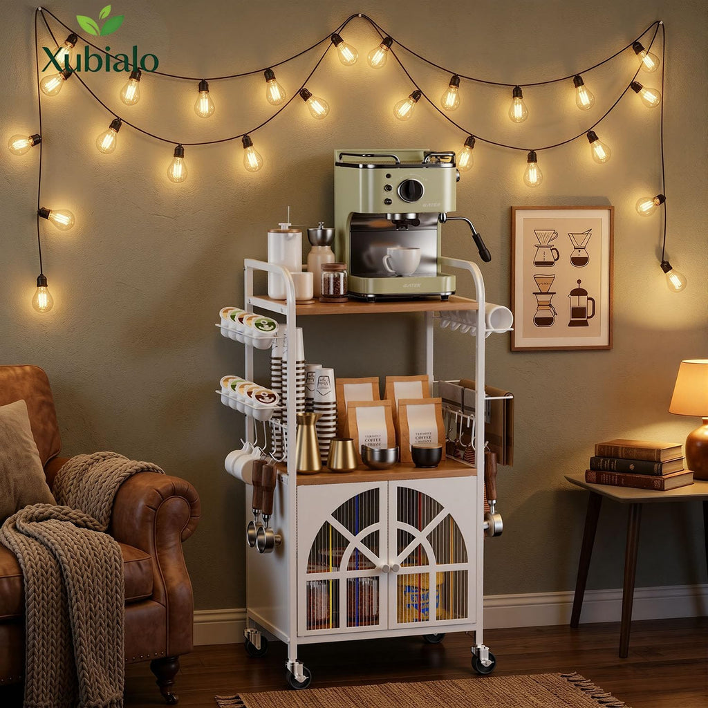 Xubialo 3 Tier Small Rolling Coffee Bar Cart, 16.9 x12 Kitchen Station with Storage
