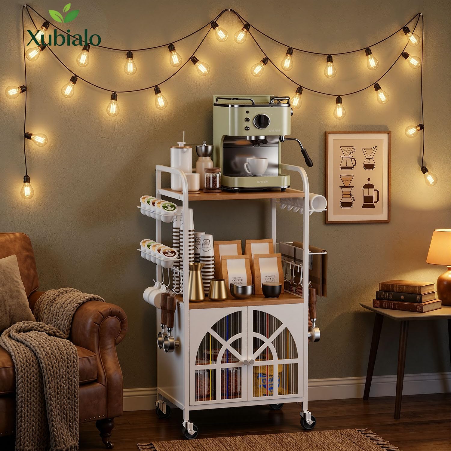 Xubialo 3 Tier Small Rolling Coffee Bar Cart, 16.9 x12 Kitchen Station with Storage