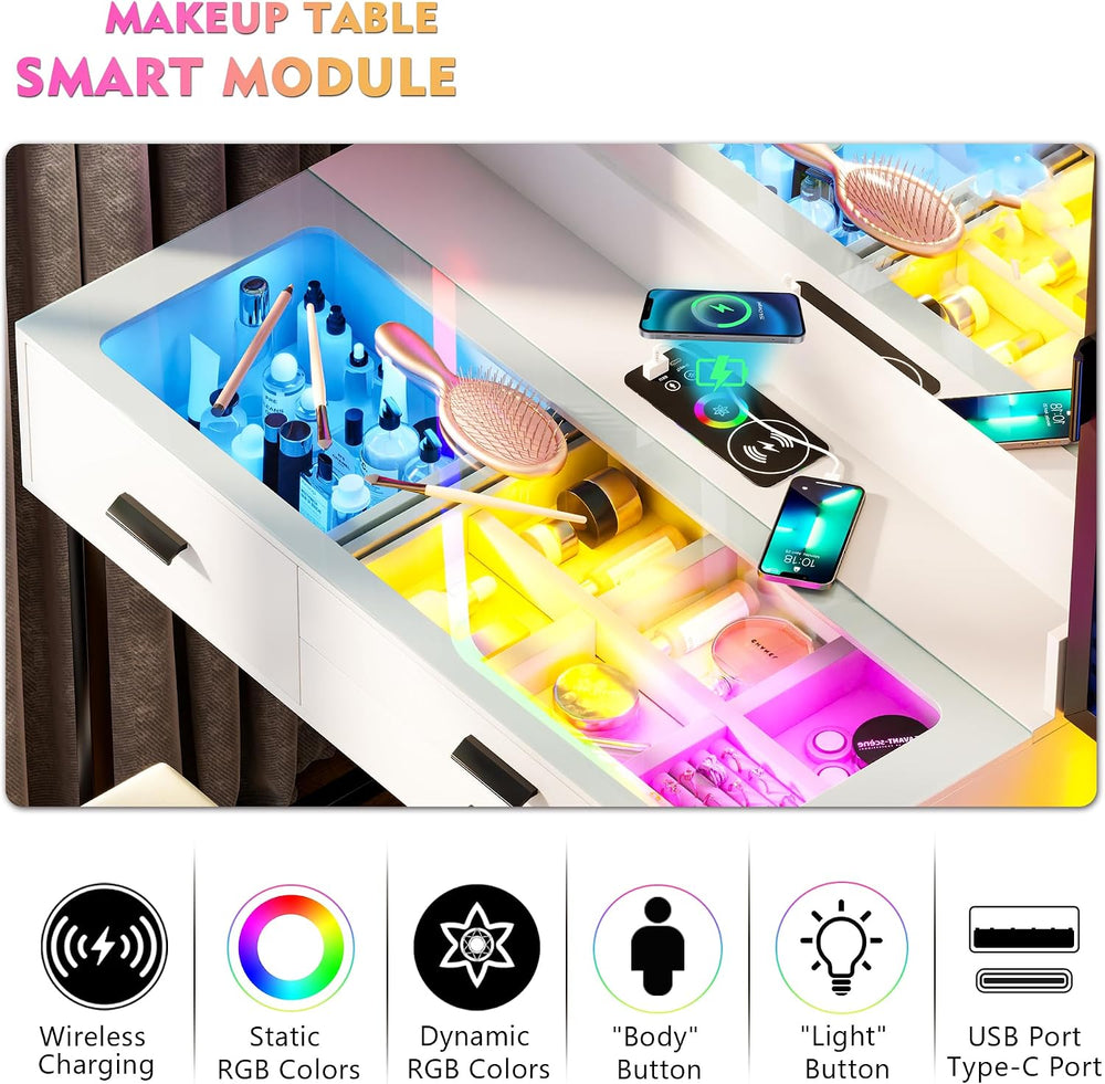 Lvifur RGB Vanity Desk - with Mirror and Lights,7 Dynamic & 24 Static Dim...