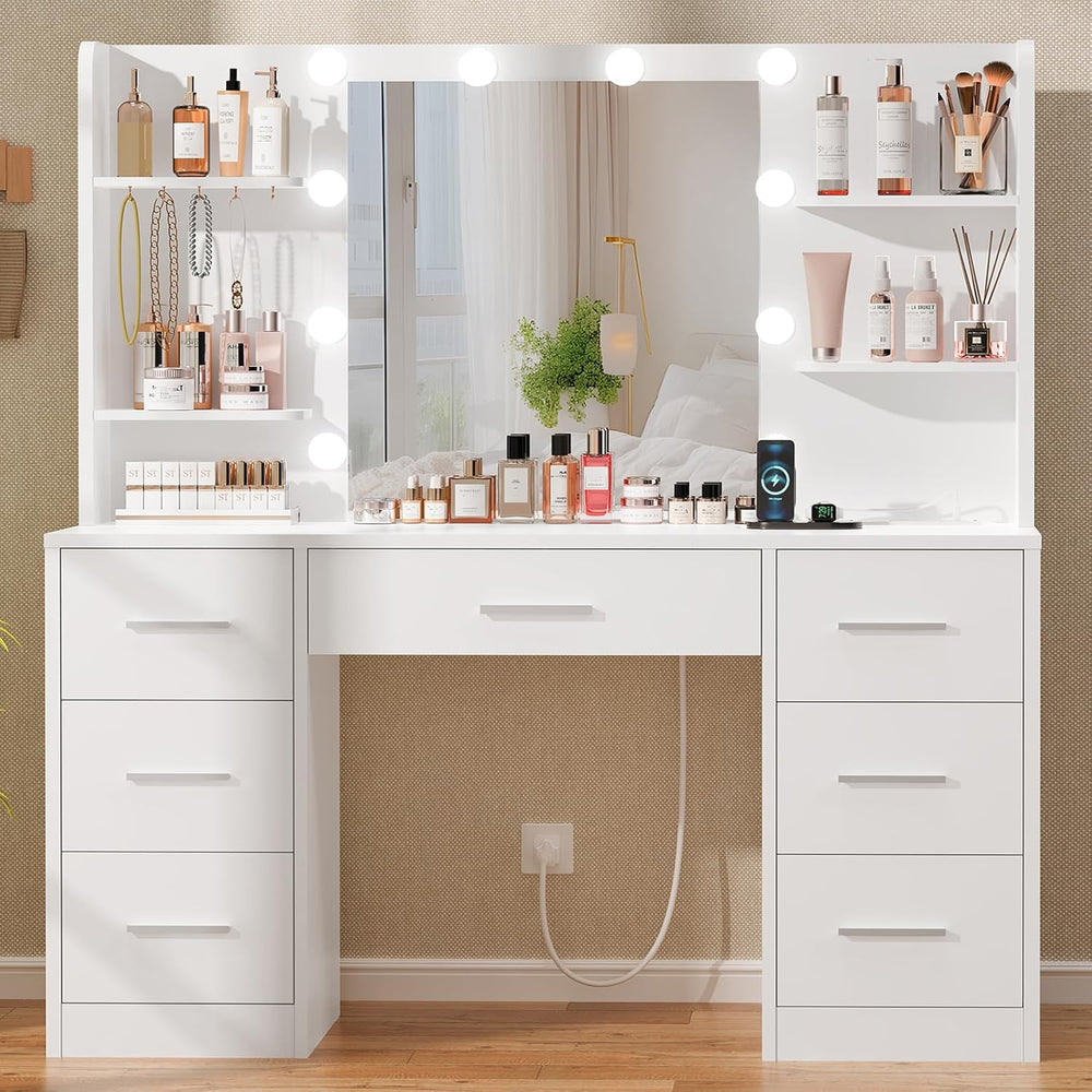 Quimoo Large Vanity Desk with LED Lighted Mirror & Power Outlet,Makeup Va...