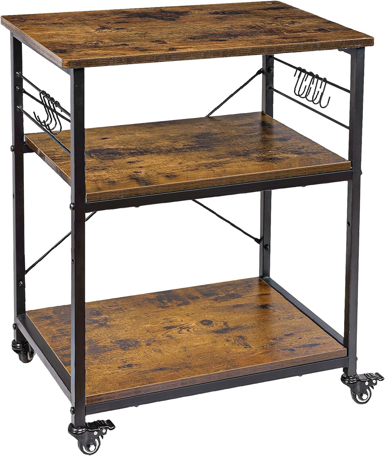 AHB 24" Kitchen Cart with 4 Smooth Wheels and 10 Hooks, 3-Tier Microwave Stand Rolling Bakers Rack Coffee Cart Shelf Organizer for Living Room Decoration