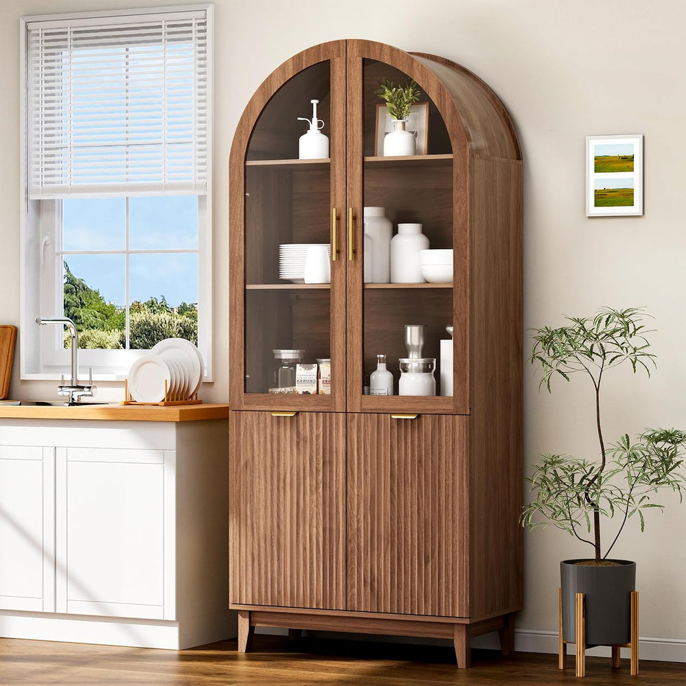 71" Tall Arched Pantry Cabinet, Kitchen Pantry with Glass Doors & Fl...