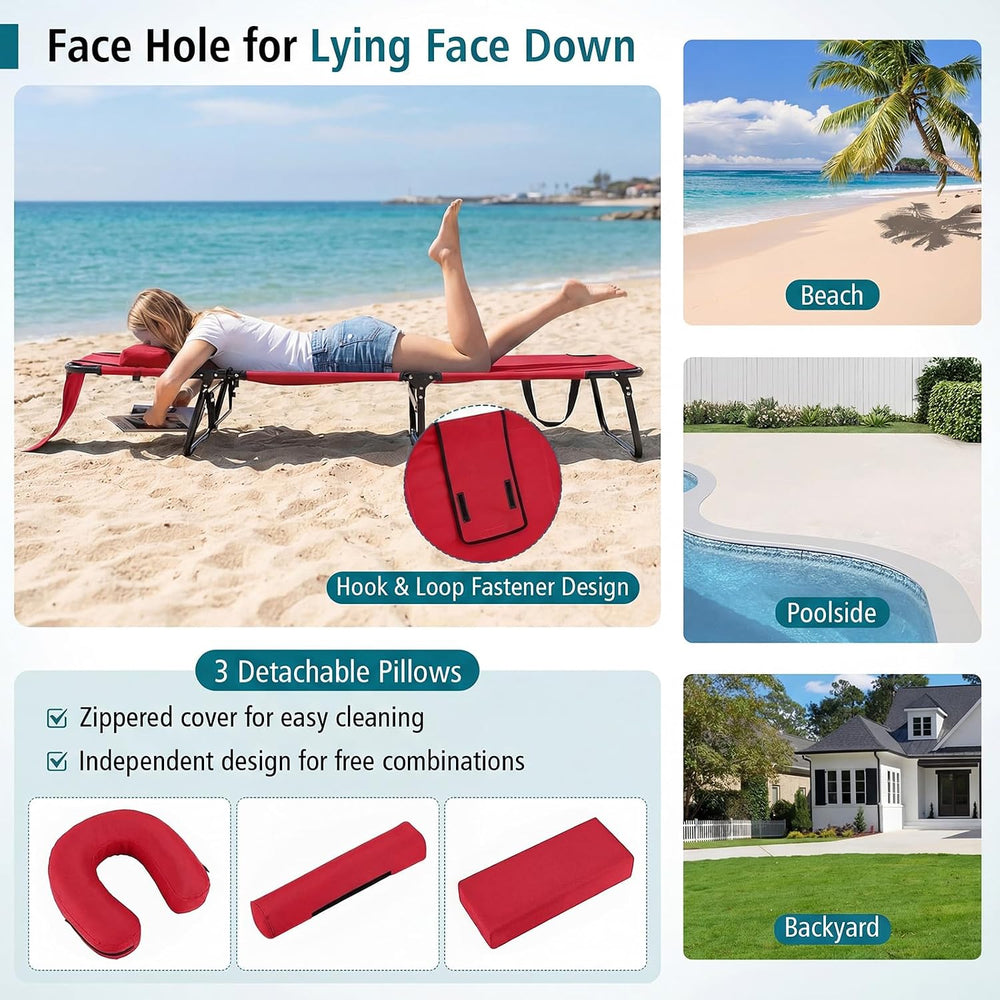 Tangkula Beach Lounge Chair, Folding Sunbathing Recliner with Face Hole, Face...