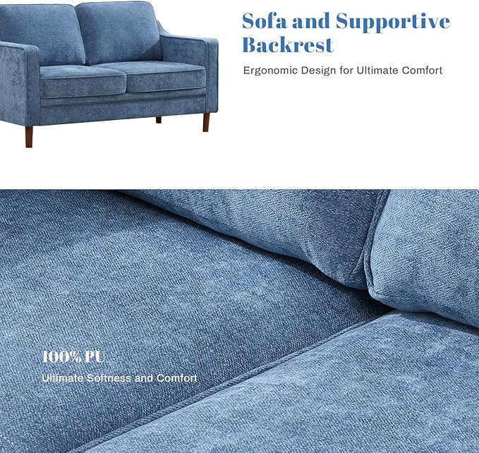 Kingfun Living Room Furniture Sets, 2 Armchair and Loveseat, Mid Century Modern Sofa Set, Chenille Couch with Solid Wood Frame for Living Room & Bedroom, Light Blue