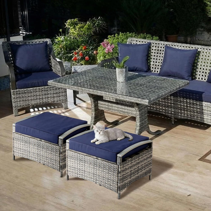 VINGLI 2 Pieces Outdoor Ottoman with Storage, Wicker Ottoman Patio Furniture w/Removable Cushion, Multipurpose Footrest Stool for Outdoor (Grey)