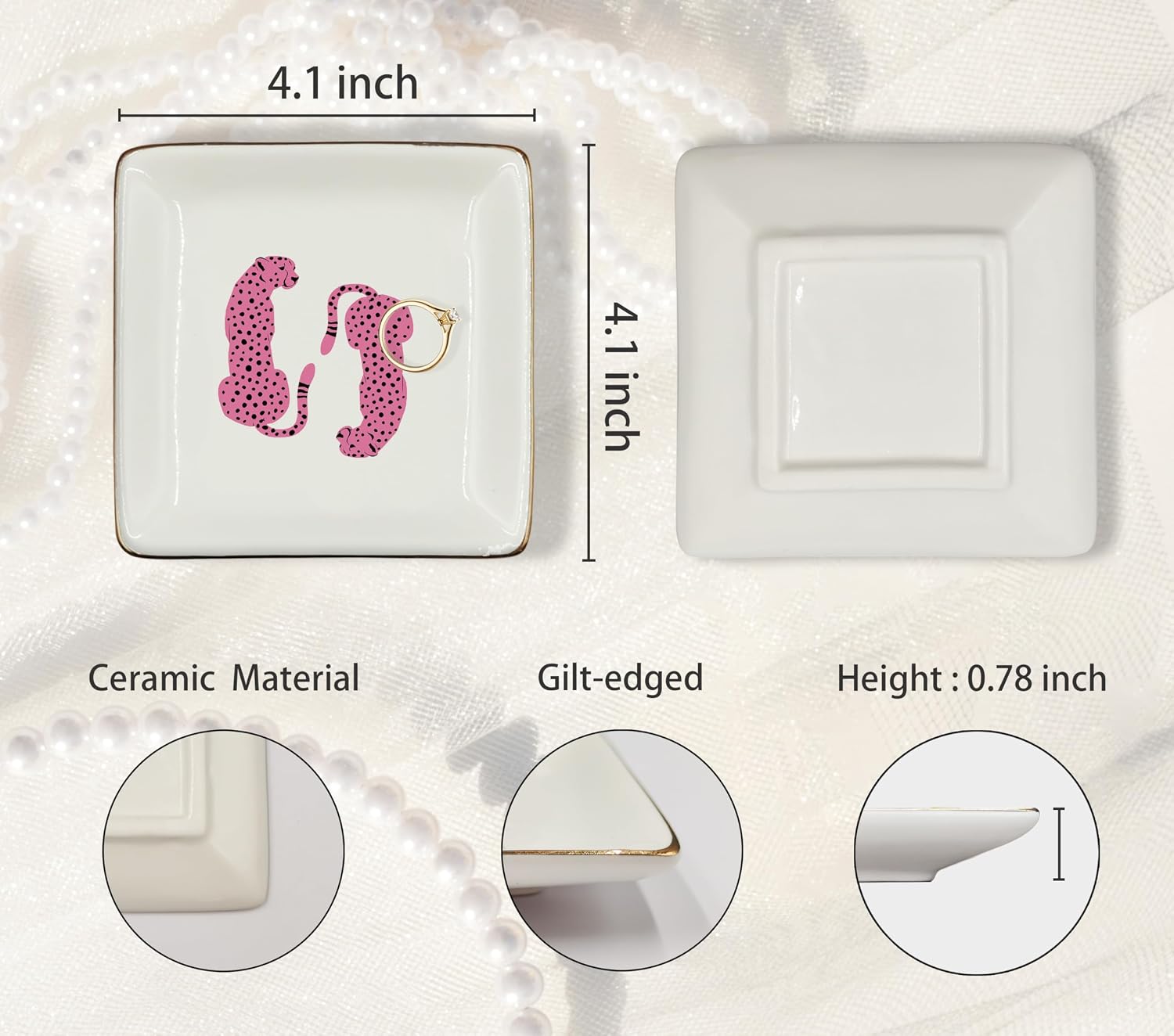 WODMIS Pink Leopard Ceramic Jewelry Tray Dish, Cheetah Gifts for Women, Trendy Retro Preppy Pink Cheetah Jewelry Plate Ring Trinket Dish, Leopard Gifts for Women