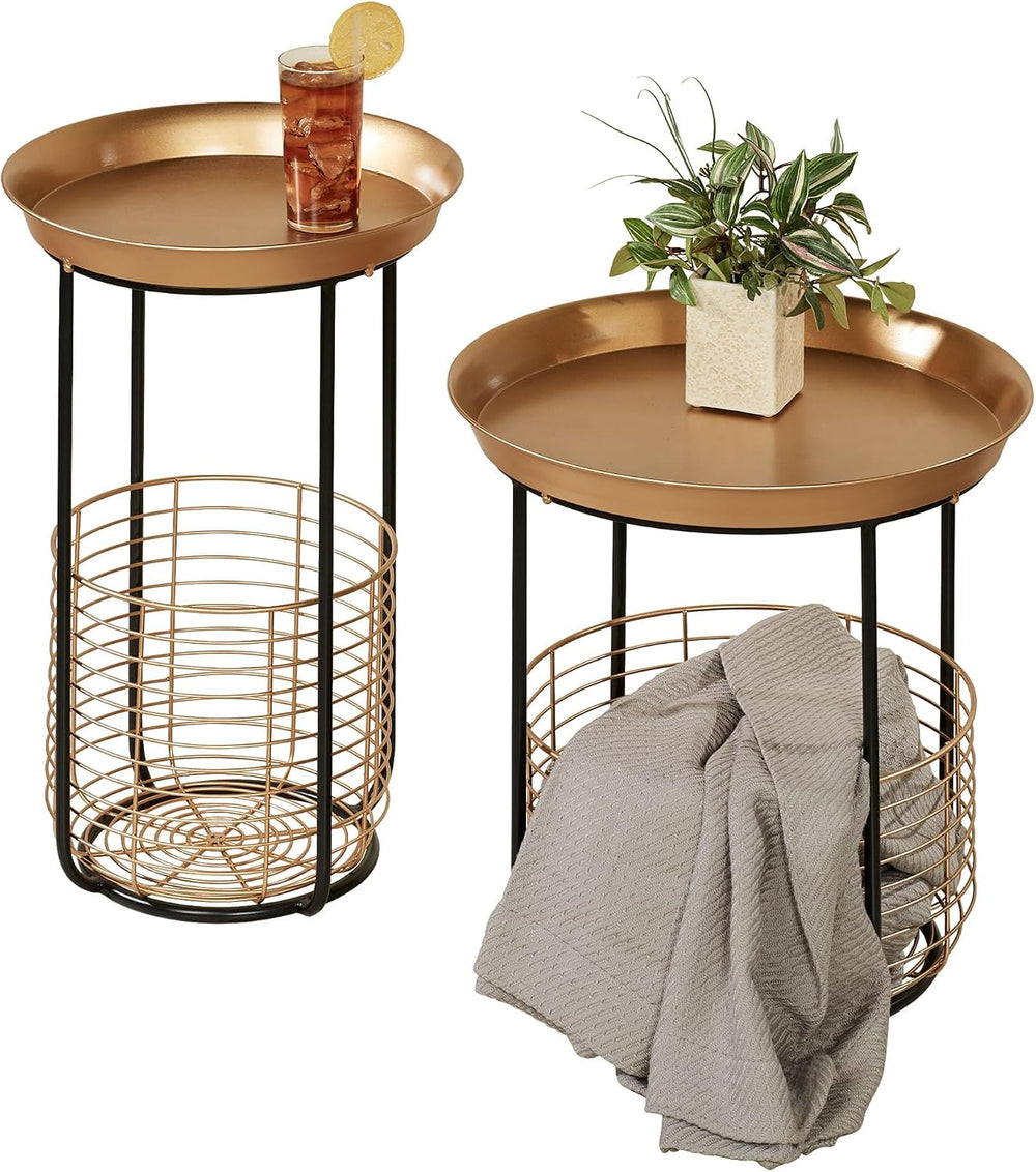 Macayle Round Metal Accent Tables with Wire Storage Baskets Set of Two