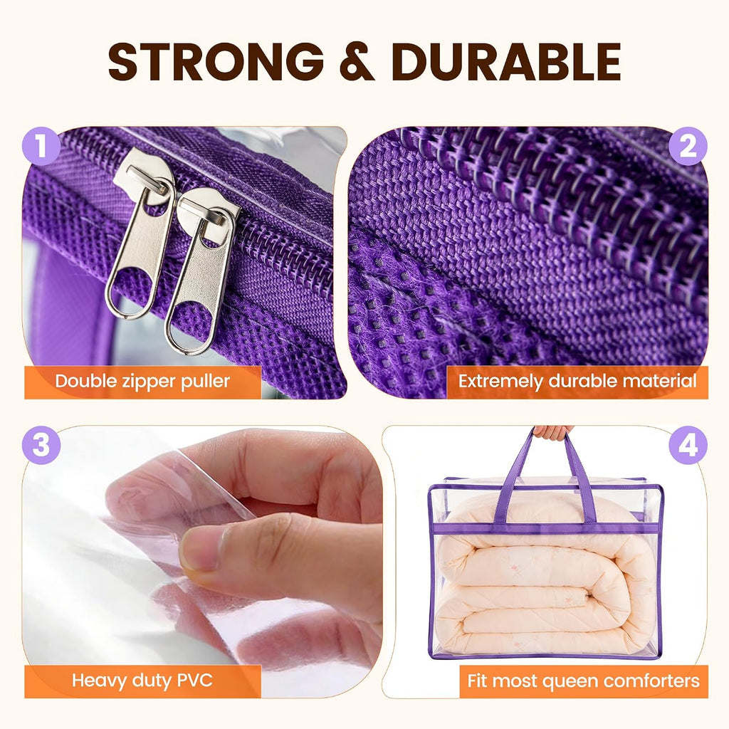 8 Pack Clear Clothes Storage Bags, Double Zipper Design 40L Underbed Moving Bags for Blankets and Clothes, Large Capacity Closet Organizers and Storage for Dormitory, Bedroom, Closet-Purple
