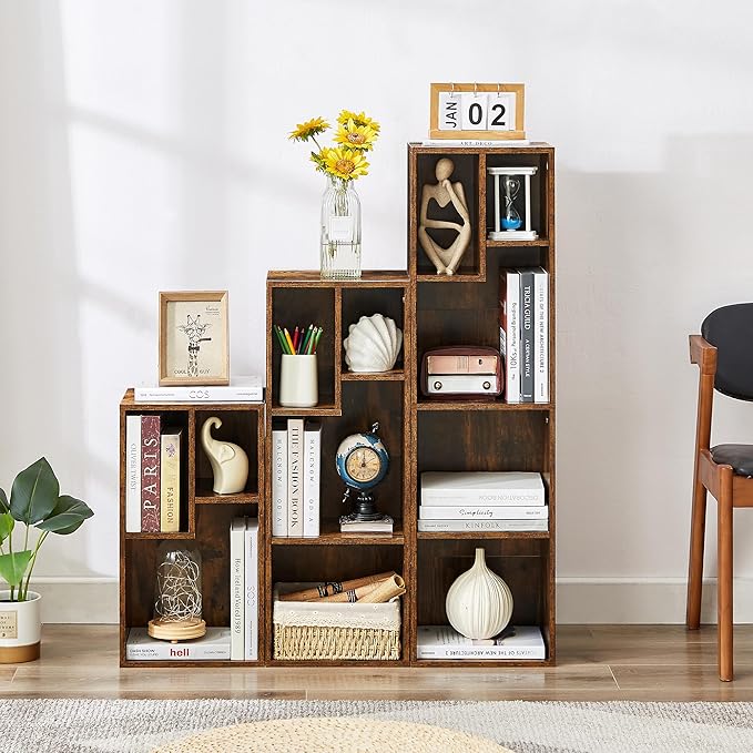 VECELO 3-Tier Small Bookcase, 4 Cube Bookshelf with Height Difference Shelves for Most Books, Modern Floor Standing Unit, Each Shelf Hold Up to 66 LBS for Living Room Bedroom, Rustic Brown
