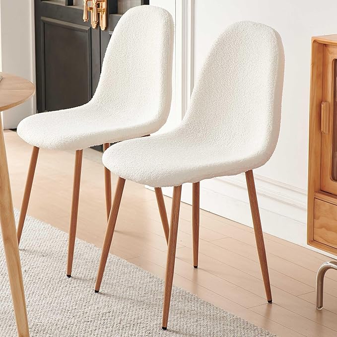 Dining Kitchen Chairs Set of 4, Modern Upholstered Living Room Chairs White Comfortable Teddy Fabric Bedroom Chairs, Space Saving Dining Side Chairs for Apartment, Restaurant