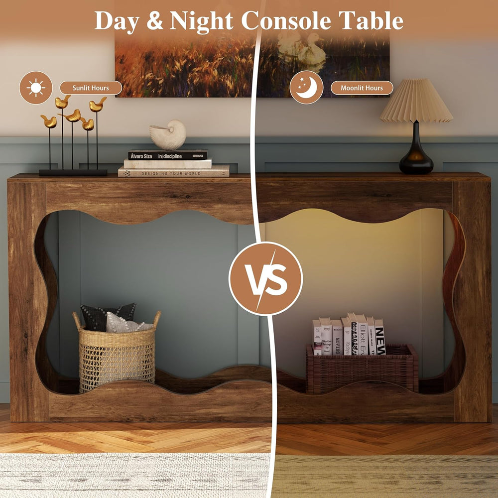 Vongrasig 63-Inch Farmhouse Entryway Table with Light Strips, Scalloped Conso...