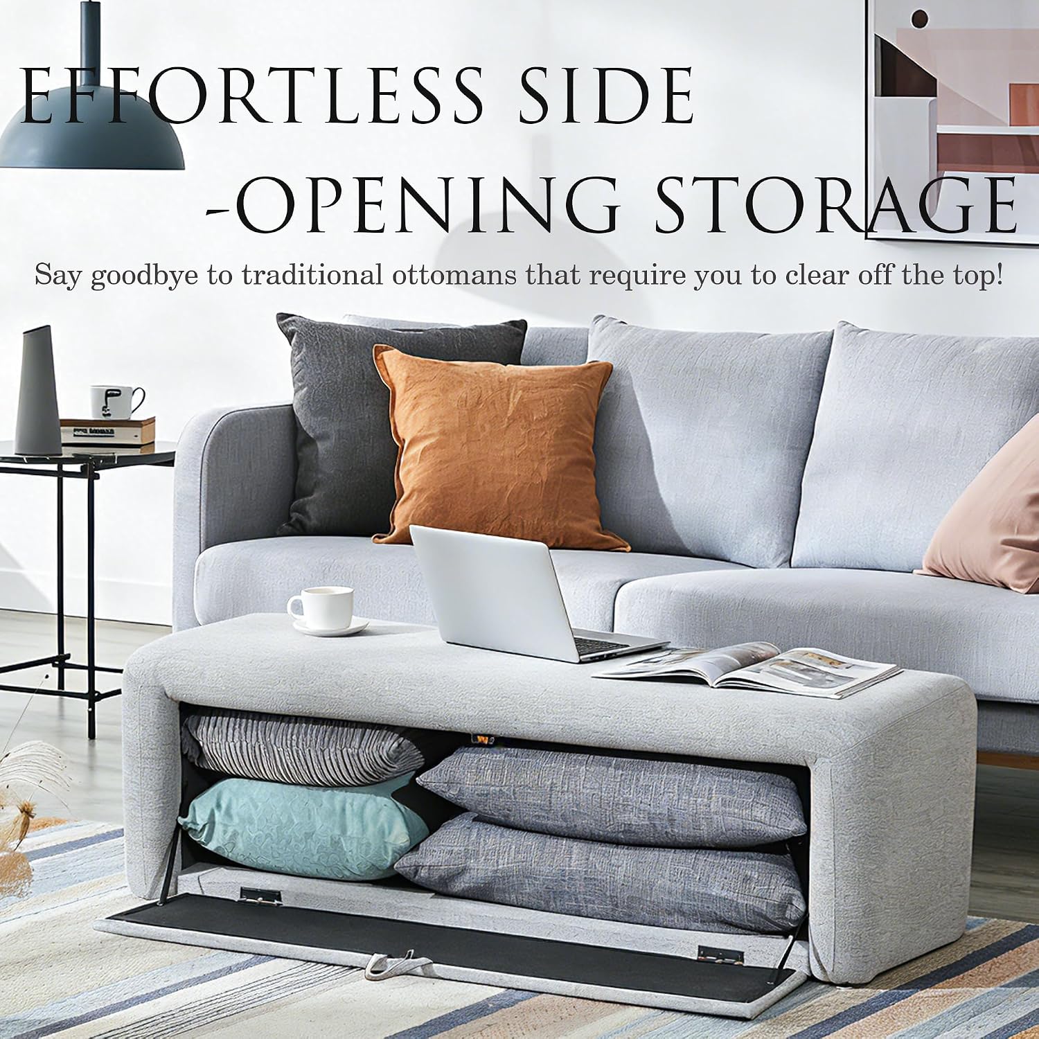 Homebeez 48" Storage Ottoman Bench with Side Opening, Large Storage Bench for Bedroom End of Bed, No Assembly Ottoman Foot Rest, Upholstered Entryway Bench for Living Room, Light Gray
