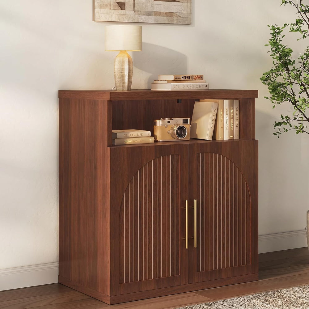 Fluted Buffet Cabinet with Storage, 31.5" Wide Wood Sideboard Credenza w...