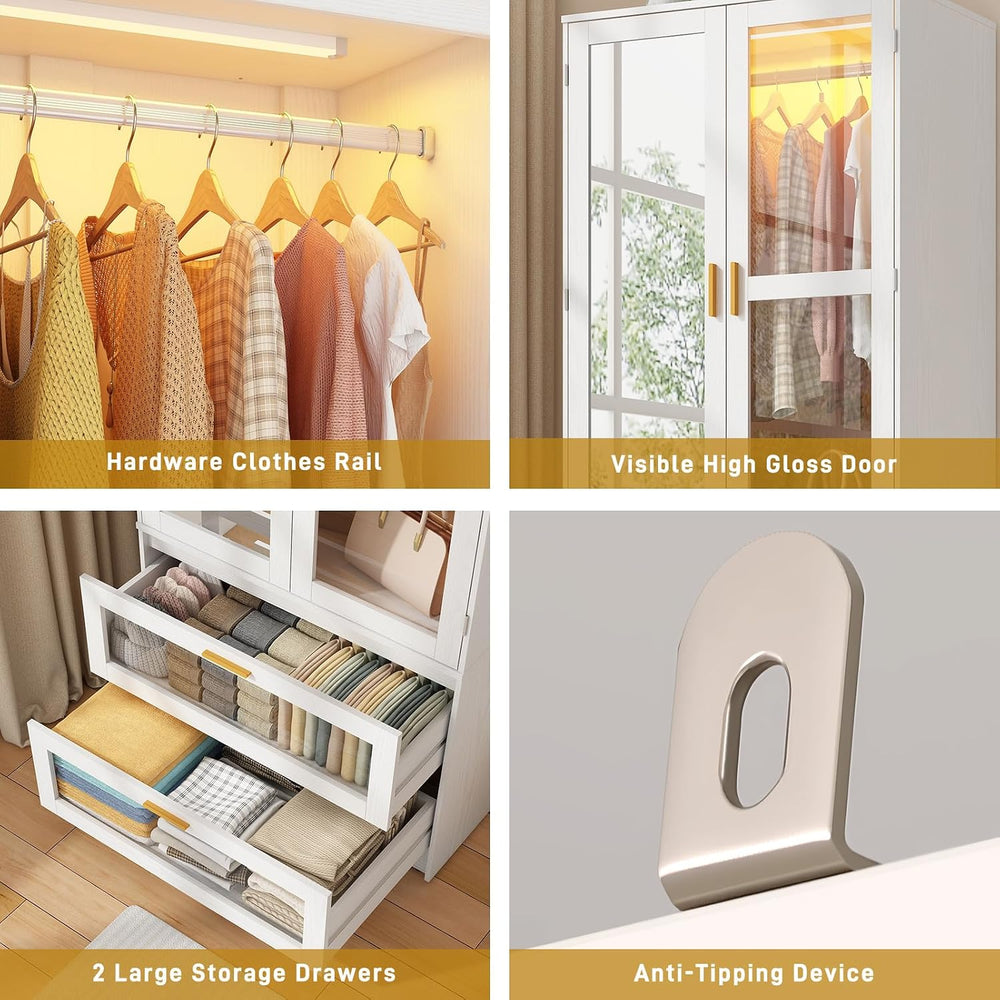 4 Doors Armoire Wardrobe Closet with LED and Mirror,71" H Freestanding W...