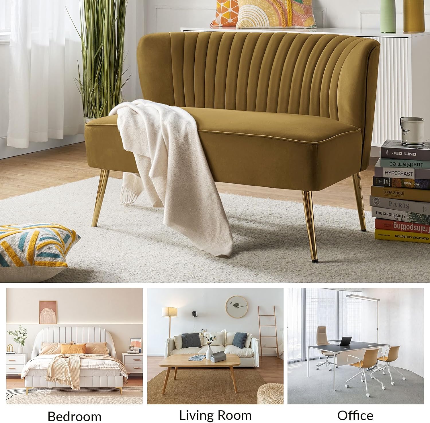 TINA'S HOME Mid-Century Velvet Loveseat Sofa, Upholstered Loveseat Couch with Golden Metal Legs, Small Tufted 2-Seat Sofa Armless Love Seat for Living Room Bedroom, Golden