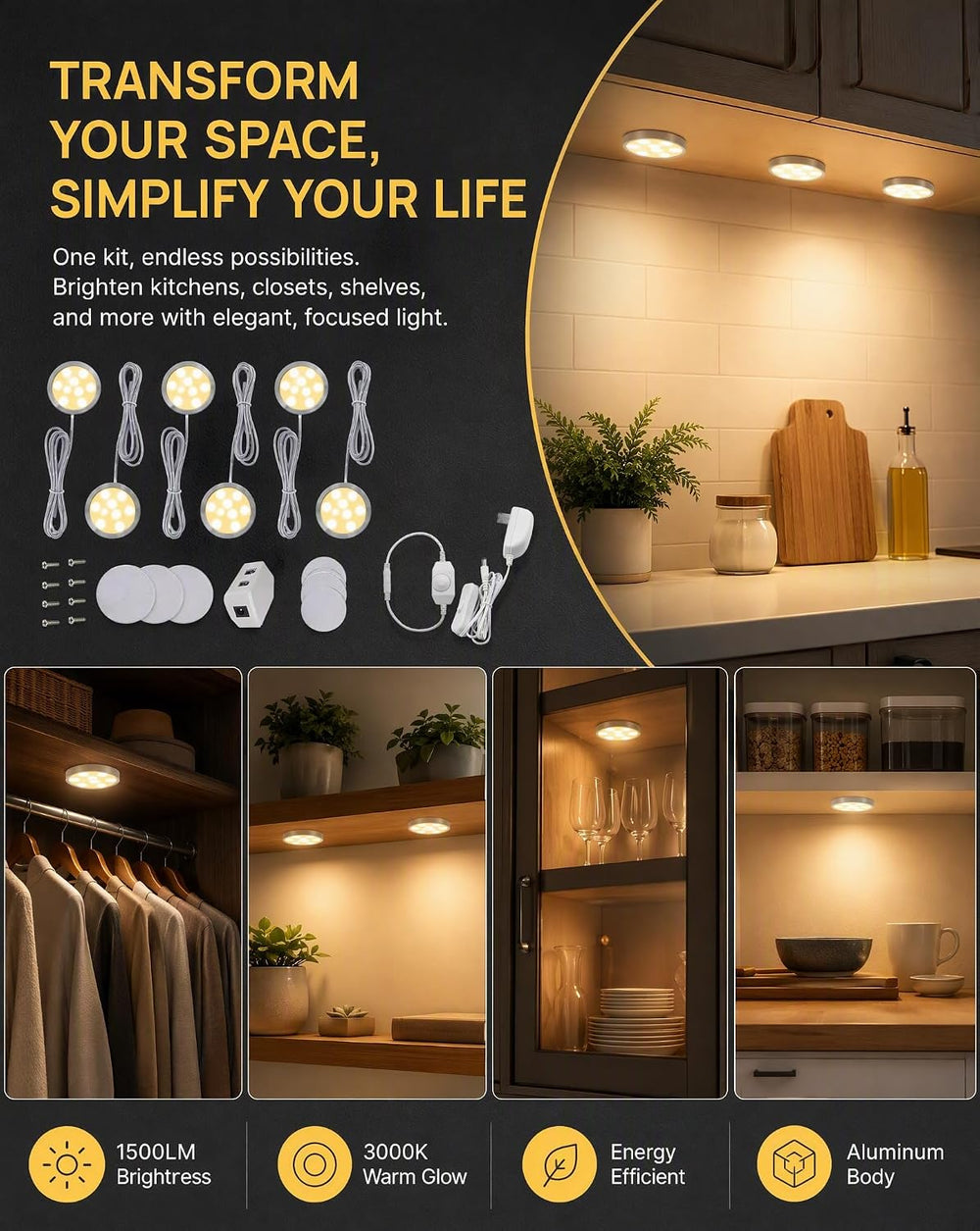Cefrank Dimmable LED Puck Lights, 6-Pack Under Cabinet Lighting Warm White