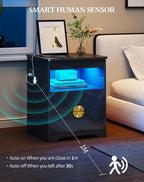 FREDEES LED Night Stand with Gun Drawer & LED Light | 3-Color Lights & Human Body Sensor, Smart Charger Station, 2 DrawersHidden Storage, End Table Bedroom Livingroom