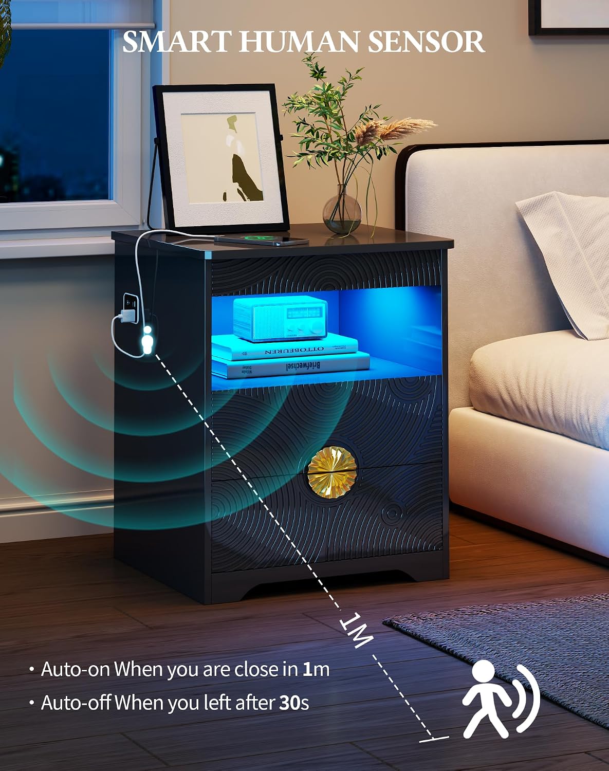 FREDEES LED Night Stand with Gun Drawer & LED Light | 3-Color Lights & Human Body Sensor, Smart Charger Station, 2 DrawersHidden Storage, End Table Bedroom Livingroom