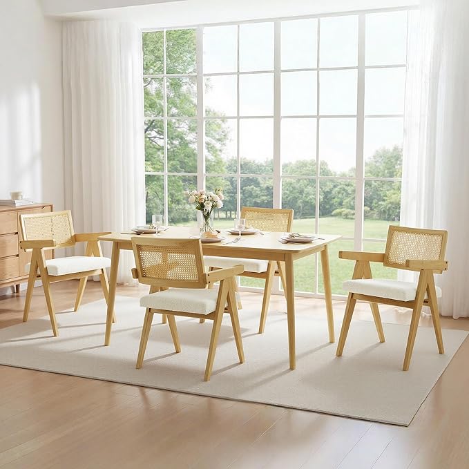 CHITA Rattan Dining Chairs Set of 4, Modern Dining Chair with 2.8inch Cushion, Rubberwood Frame Accent Chairs for Dining Room/Kitchen/Living Room, Oak