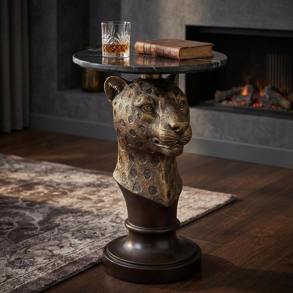Leopard Head Accent Table with Faux Marble Top & Lifelike Texture, Animal...