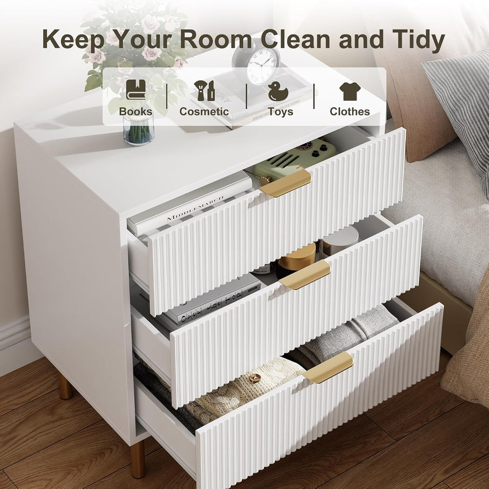 IDEALHOUSE Modern White 3 Drawer Dresser for Bedroom with Gold Handles
