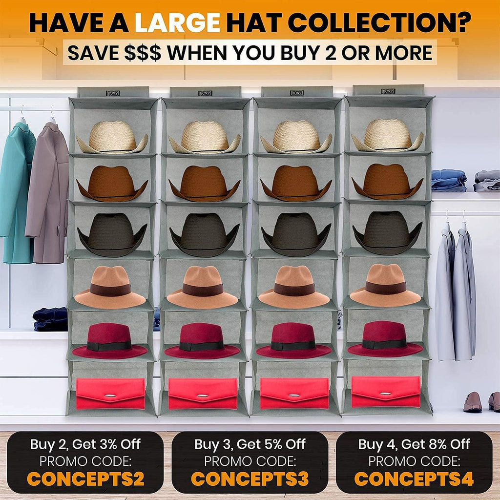 Boxy Concepts 6-Shelf Cowboy Hat Organizer Rack - 13in Wide X-Large Grey - Hat Rack for Wall Mount Hook & Loop - Soft Fabric Preserve Shape - Baseball Cap Organizer