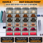 Boxy Concepts 6-Shelf Cowboy Hat Organizer Rack - 13in Wide X-Large Grey - Hat Rack for Wall Mount Hook & Loop - Soft Fabric Preserve Shape - Baseball Cap Organizer
