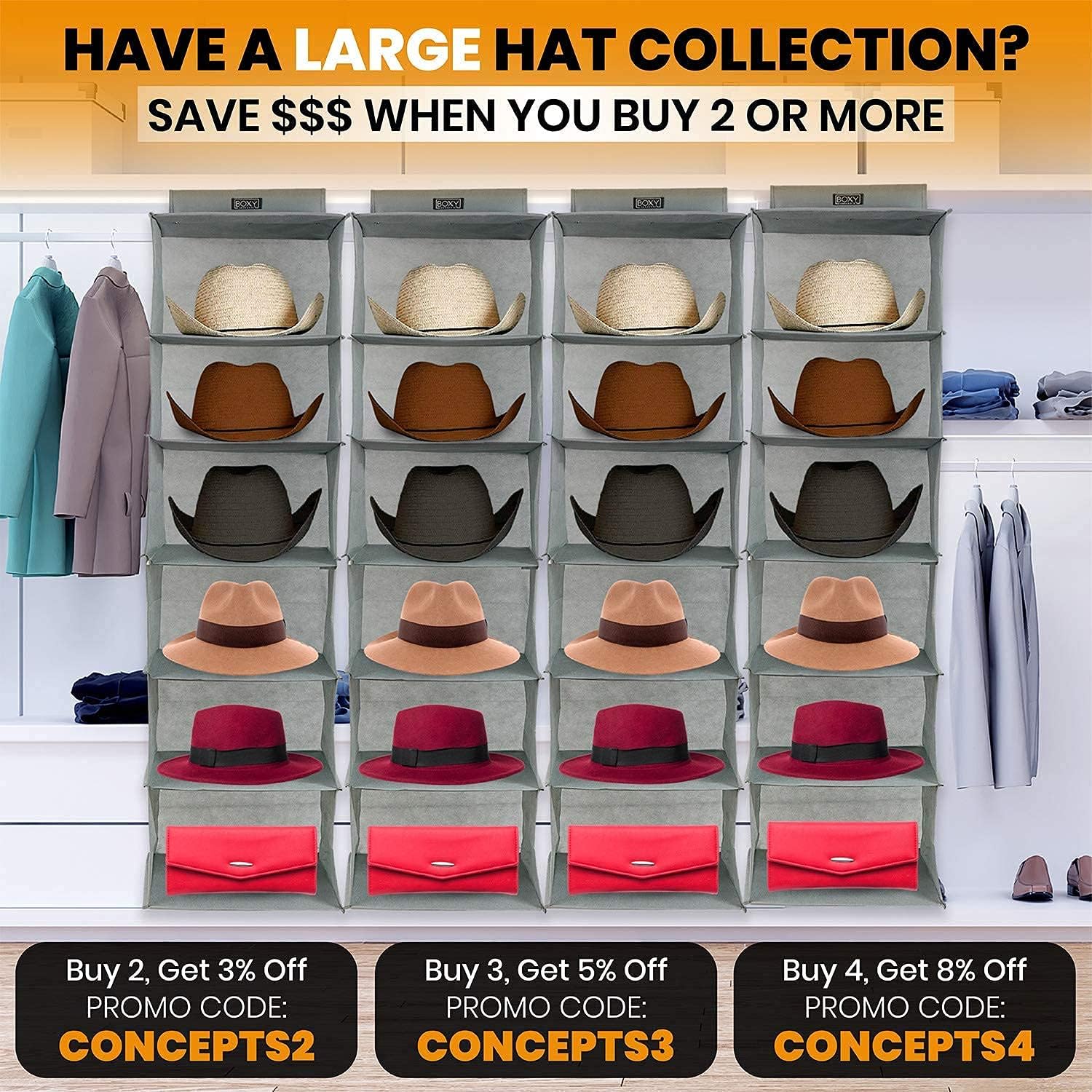 Boxy Concepts 6-Shelf Cowboy Hat Organizer Rack - 13in Wide X-Large Grey - Hat Rack for Wall Mount Hook & Loop - Soft Fabric Preserve Shape - Baseball Cap Organizer