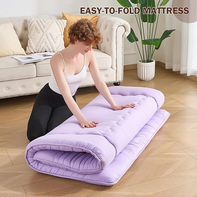 Japanese Floor Futon Mattress Twin Size, 25D High Density Support Foam, 4" Thicken Foldable Mattress Tatami Mat Sleeping Pad Suitable for Camping, Guest Room, Purple 39"x 80"