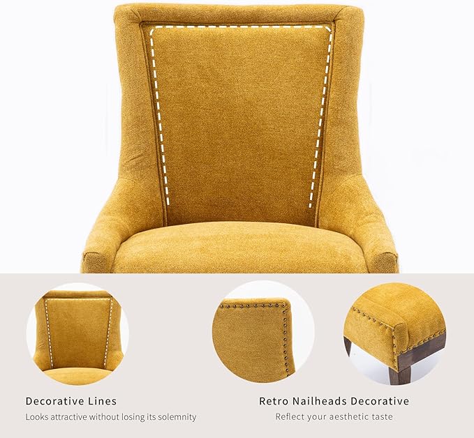 Gold Dining Chairs Set of 4, Kitchen & Dining Room Chairs, Fabric Upholstered Dinning Chairs, Sillas De Comedor, Nailhead Trim, Wood Legs (Yellow, 4 Pcs)