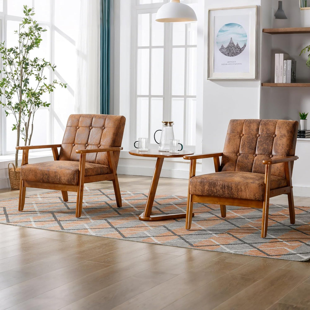Accent Chair Set of 2, Mid-Century Modern Technical Fabric Armchair with Soli...
