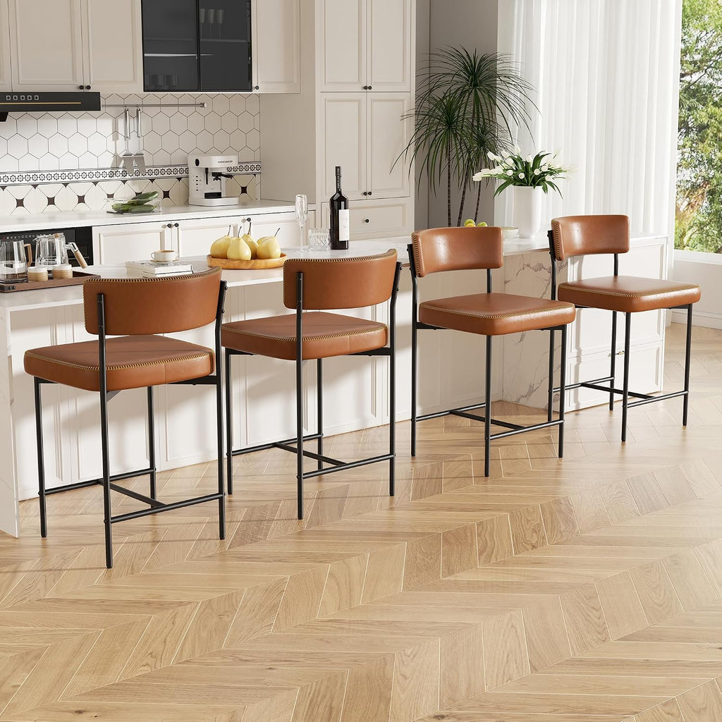 Bar Stools Set of 4, Faux Leather Counter Height Barstools with Curved Back, 25 Inch Upholstered Bar Chairs, Modern Counter Stools for Kitchen lsland, Caramel
