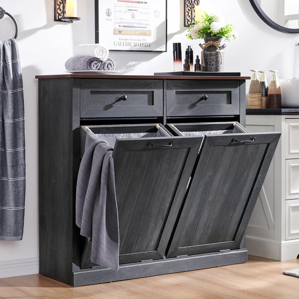 Double Tilt Out Trash Cabinet, 20 Gallon Farmhouse Laundry Hamper Cabinet with 2 Drawers, Hidden Wooden Trash Can Cabinets with Storage Basket for Kitchen, Living Room (Dark Grey)