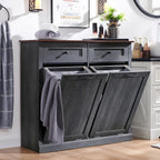 Double Tilt Out Trash Cabinet, 20 Gallon Farmhouse Laundry Hamper Cabinet with 2 Drawers, Hidden Wooden Trash Can Cabinets with Storage Basket for Kitchen, Living Room (Dark Grey)