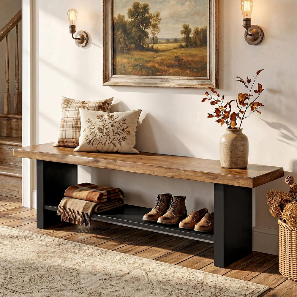 55" Solid Wood Bench with Shoe Storage, 2-Tier Farmhouse Entryway Bench,...