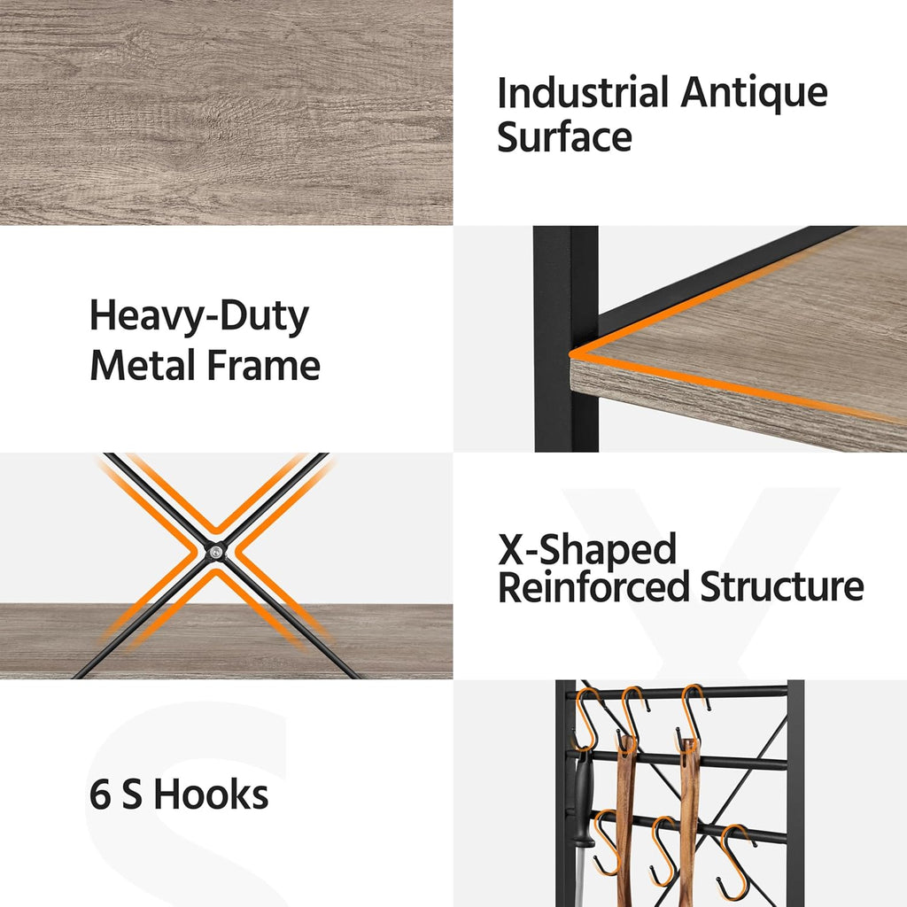 Yaheetech 4-Tier Rolling Bakers Rack,Microwave Stand Kitchen Cart,Gray | Kitchen Bakers Rack on Wheels with 6 S-Side Hooks and Adjustable Feet, Utility Storage Shelf