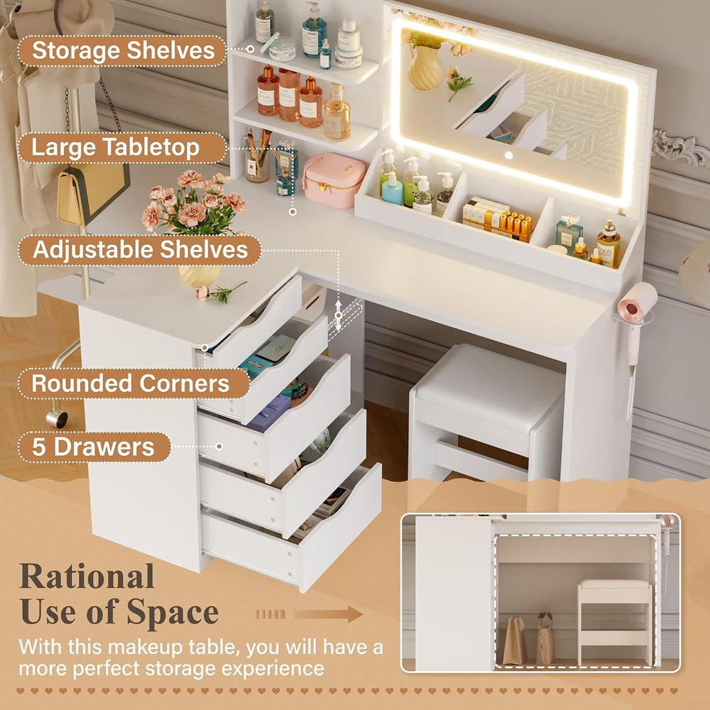 JUMMICO Makeup Vanity Desk with Mirror and Lights, L- Shaped Vanity, White | ...