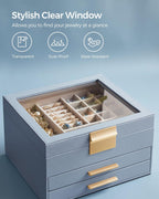 SONGMICS Jewelry Box Organizer with Glass Lid, 3-Layer Jewelry Storage, with 2 Drawers, Modern Style, Christmas Gift, 8 x 9.1 x 5.3 Inches, Smoky Blue and Gold Color UJBC239Q01