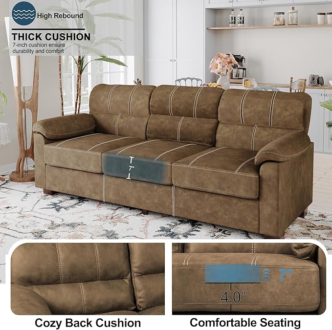 80 Inch Brown Faux Leather Sofa Couch (2 Sets) - Wide Armrests with 2 Pillows, Deep Seats, Contrast Stitching, 3 Seater Leather Couches for Living Room, Bedroom, Apartment