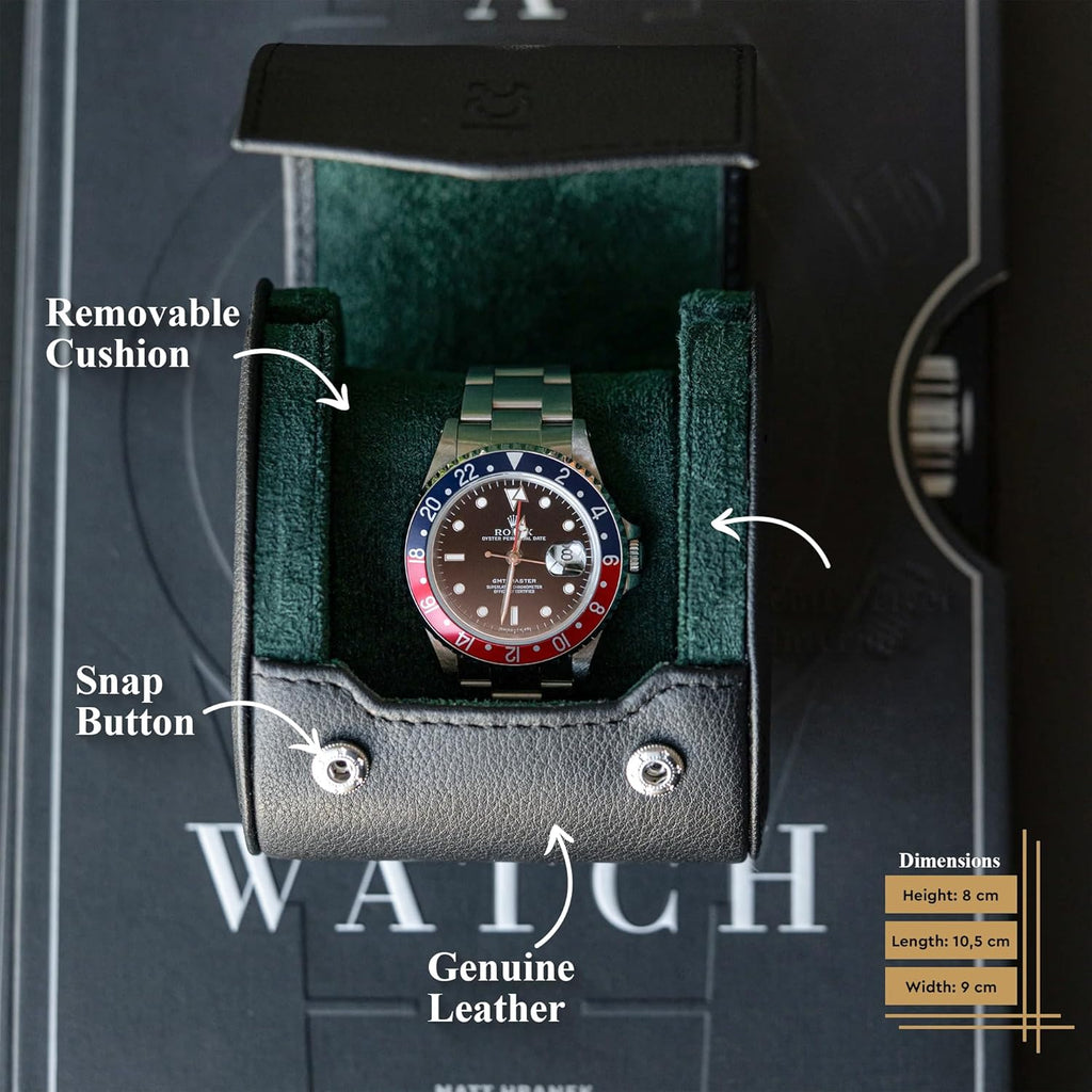 DailyWatch | Watch Roll Travel Case For 1 Watch | Luxury Watch Case In Genuine Black Leather With Soft Velvet Interior | Watch Case Protect, Store, & Display Your Watches | Black Green