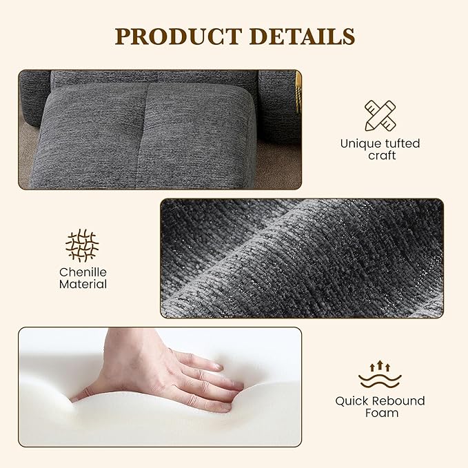 158" U Shaped Convertible Modular Couch, Cloud Couch Sectional with Ottoman, 6-Seater Chenille Boneless Couches for Living Room, Apartment, No Assembly, Grey Black 1PCS
