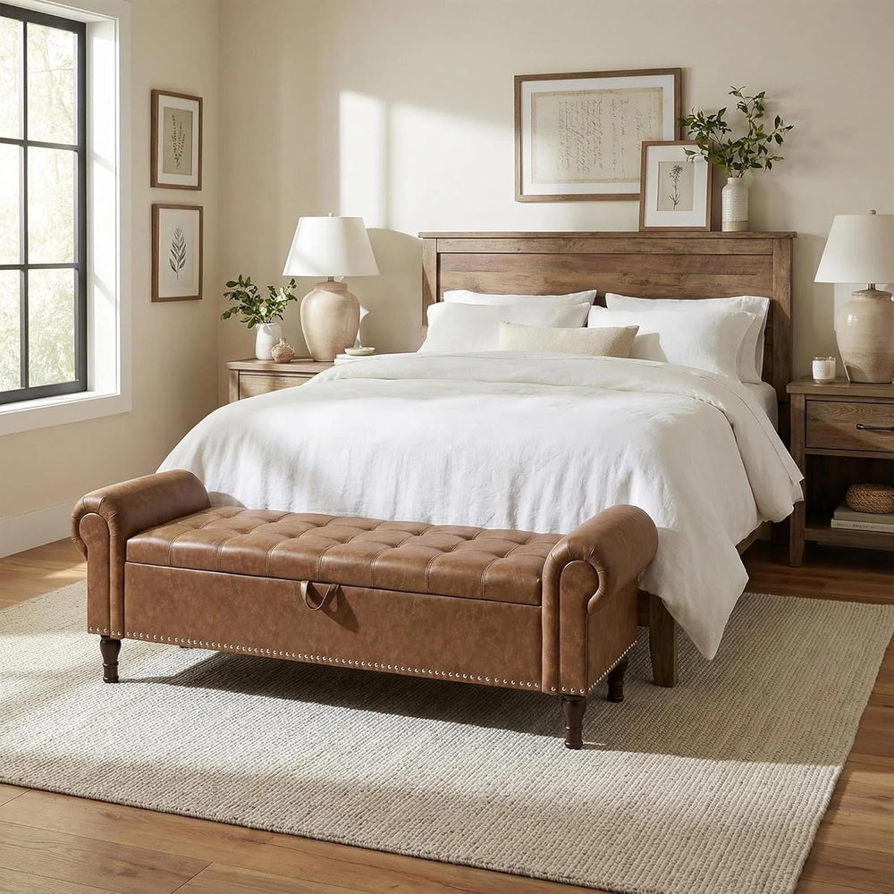 YOUDENOVA 60" Entryway Bench with Storage, PU Leather End of Bed Bench w...