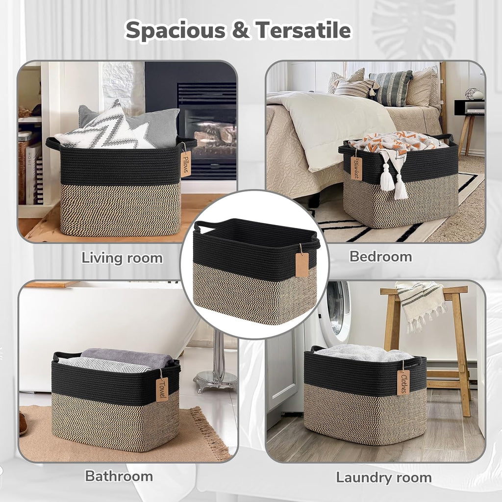 Goodpick Large Wicker Storage Baskets for Organizing, Black & Jute | 50L, 18 × 14 × 12 in, Reinforced Handles, Shoes, Towels & Toys Storage, Living Room, Bedroom & Nursery Organization