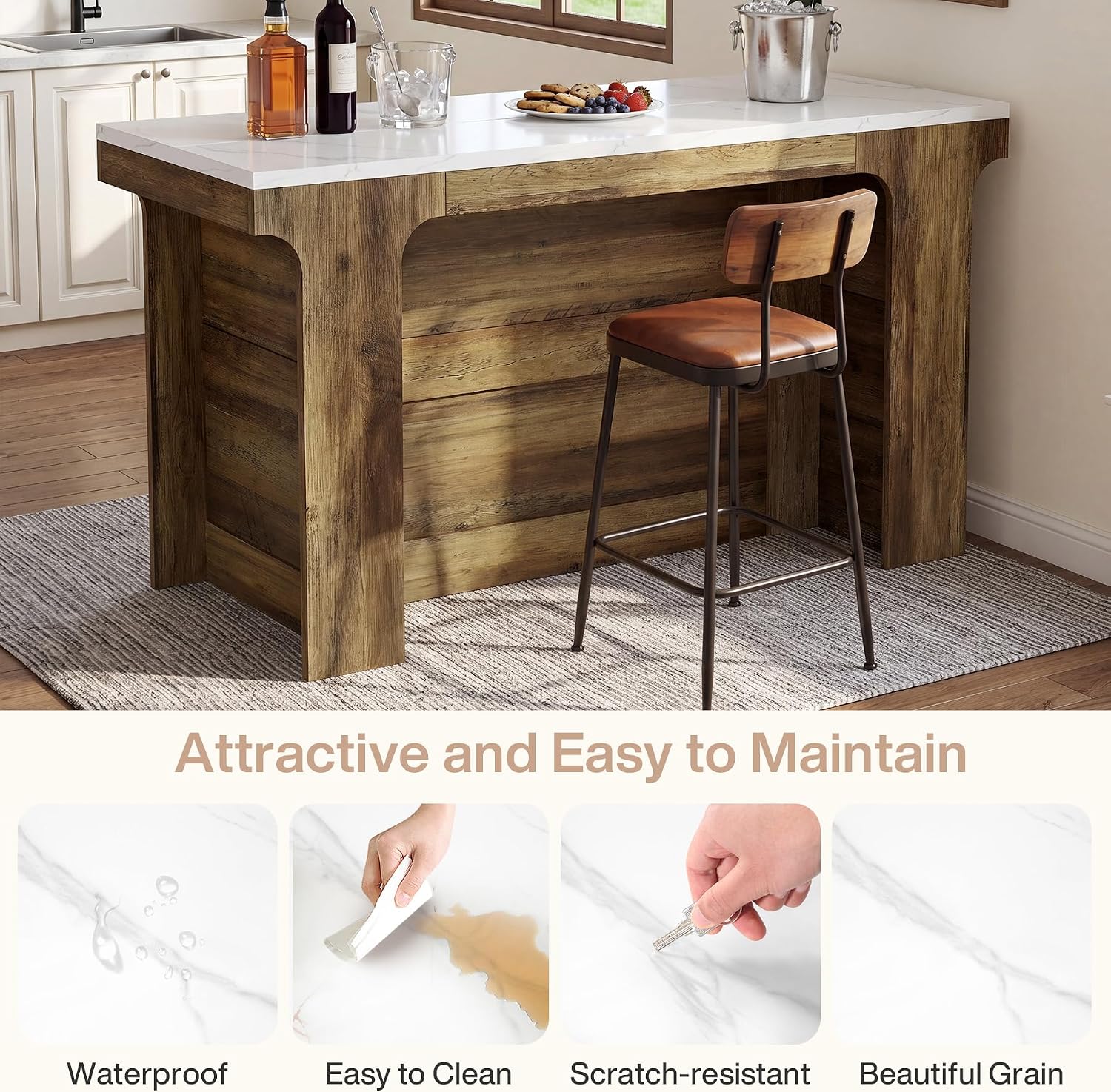 Tribesigns 59'' Kitchen Island, Modern Island Table with Faux Marble Top | Rectangular Coffee Bar Unit for Living Room, Kitchen, Bistro, Coffee Shop, Easy Assembly, White & Brown