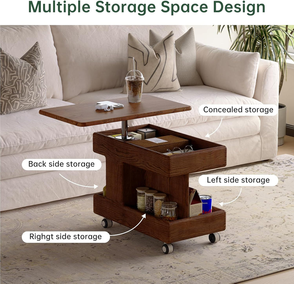 100% Solid Wood Lift Top End Table with Swivel Top, Sofa Couch Table with Whe...