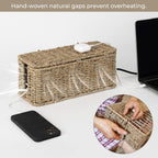 StorageWorks Cable Management Box, 2 Slots Wicker Cable Organizer to Hide Cords and Power Strip, Seagrass Cord Hider Box for Home & Office