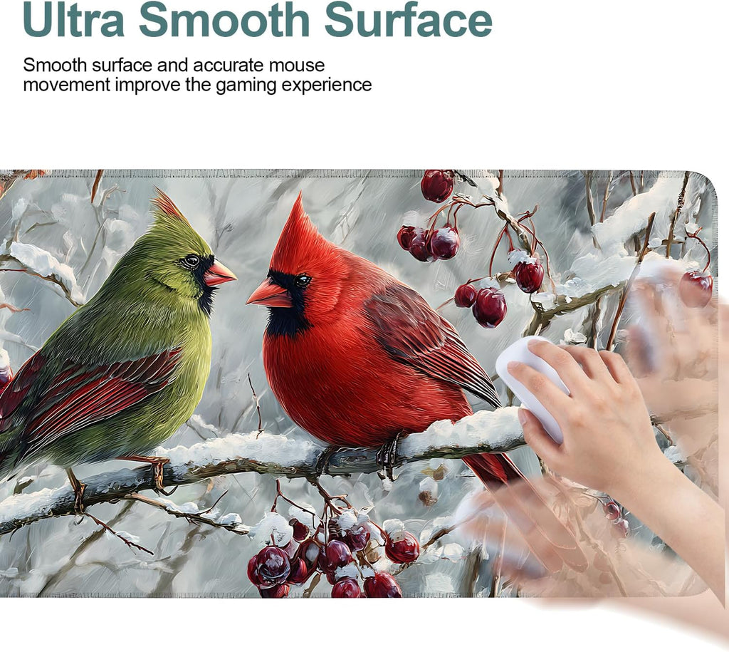 Winter Cardinal Bird Gaming Mouse Pad 35.4"x15.7"Desk Mat Anti-Slip Rubber Base & Durable Stitched Edges for Gamers Smooth Mouse Writing Surface for Desk Office/Home